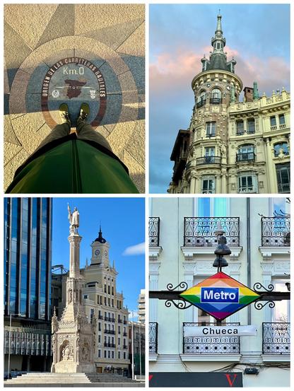 Oben links: Null-Kilometerstein von dem aus die 6 Hauptnationalstraßen Spaniens starten; oben rechts: Blick auf dem Eckturm eines alten Gebäude, der Himmel ist bewölkt und kräftig eingefärbt; unten links: Blick auf die Statue von Christopher Columbus, im Hintergrund sind ein modernes sowie ein altes Gebäude zu sehen; unten rechts: Blick auf das Schild der Metro-Station „Chueca“, welches in den Farben des Regenbogens gestaltet ist, im Hintergrund ist ein altes helles Gebäude zu sehen