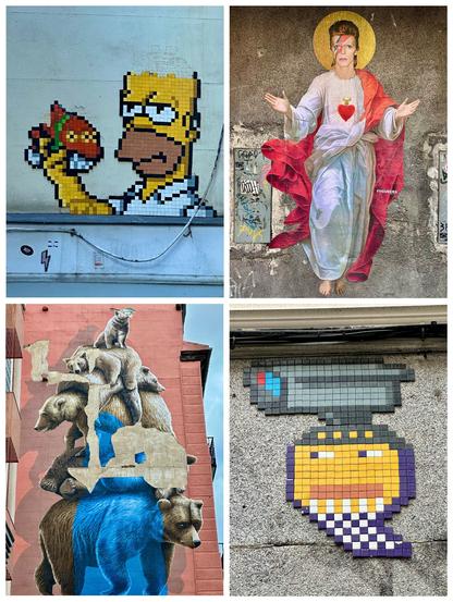 Oben links: ein Mosaik von Homer Simpson an einer Hauswand; oben rechts: künstlerisch-religiöse Gestaltung eines Bildes von David Bowie; unten links: Bild an einer Hauswand, 6 Eisbären stehen aufeinander; unten rechts: ein Mosaik an einer Hauswand, welches Videoüberwachung darstellt