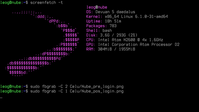 Captura luego del login con la salida de "screenfetch -t" y los comandos de captura fbcat.