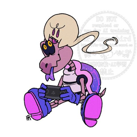 Digital art of a Boo OC named Telly and a Dry Bones OC named Disco hanging out. Disco has desaturated pink bones and a vivid pink and purple colored shell, boots and gloves. They are sitting on the floor playing a black portable game console and looking up towards Telly with their tongue out. Telly has a beige colored body and purple eyes & tongue. He is resting on Disco's head and is staring down towards the game they're playing.