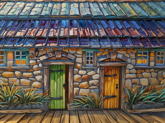 A charming harbor scene featuring a colorful stone and wooden building with a multicolored metal roof, fronting on a rustic wooden dock, with a cozy old-town atmosphere. Impasto style.