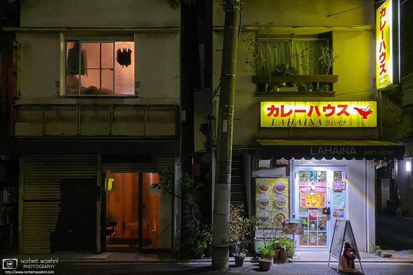 "Curry House Lahaina" and its slightly spooky-looking neighbor building in the Azusawa area of Itabashi Ward in Tokyo, Japan.