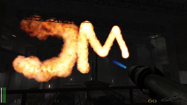 RTCW Screenshot: the letters JM produced with flamethrower flames.