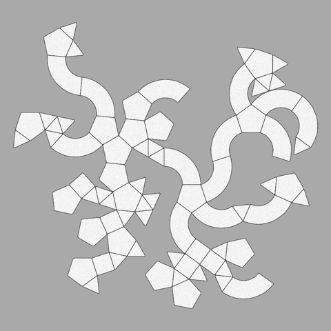 Code generated design made of over 50 shapes. There are 4 types of shapes: triangles, squares, pentagons and 90 degree arcs. The straight segments in all shapes are the same length, allowing to connect them with each other. Gray background, white shapes with black contour.

The final shape has been grown out of a central piece, connecting shapes to previous shapes, in a chaotic branching structure.

Child shapes connected to a parent shape are all of the same type.