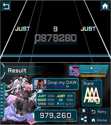 2 images of TAKUMI^3 gameplay collaged on top of each other.
(I sometimes do this because I dislike the side-by-side built-in collaging for 2 images when it comes to landscape-orientation images.)

Top image: The end of a track with 979,260 points and 4% life left.

Bottom image: Play result. "Drop my DAW", Master chart rated 14. 979,260 points and rank AAA, upscored by 7,660. Hard clear.

Player rating increased by 0.001, to 17.491.