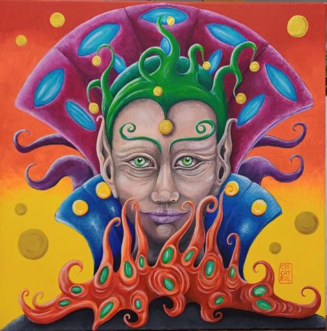 Primo piano di una creatura non propriamente umana con un copricapo molto colorato ed elaborato, su sfondo giallo e arancione
Close-up of a not-quite-human creature with a very colorful and elaborate headdress, on a yellow and orange background