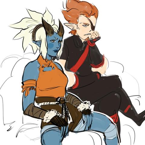 Doodle of Yrehn and Karn based on that "bussy facing the world meme".