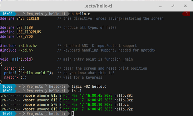 Screenshot of a terminal window showing a hello world C program for the Voyage 200. It's followed by a `tigcc` invocation, and a listing of built files. Including hello.v2z.