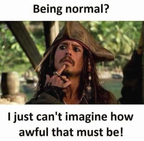 Jack Sparrow index finger on his chin, puzzled face.
Top text:
Being normal?
Bottom text:
I just can't imagine how
awful thet must be!