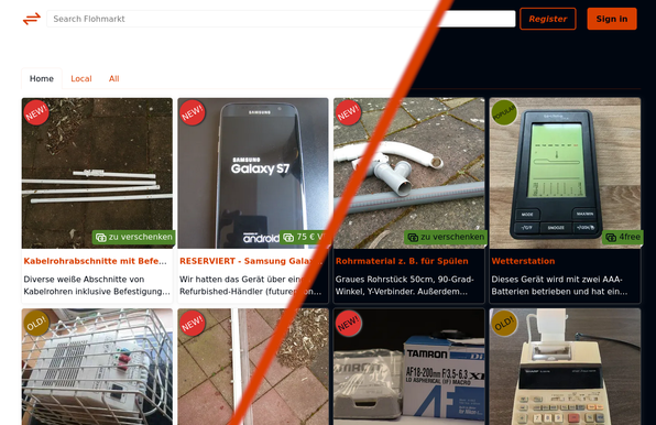 Screenshot of flohmarkt app, showing a number of listings. Looks similar to other classified ad sites like Gumtree. Each item shows a picture of the item, a title and short description.

The image has a diagonal red line up the middle of it showing images on a white background on one side and images on black backrgound on the other, showingcasing the Dark mode feature.