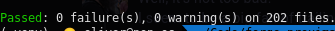 Cropped screenshot of a linux shell. 
It displays the output of ansible-lint. 
The line reads "Passed: 0 failures, 0 warnings on 202 files. "
The word "Passed" is displayed in green text.