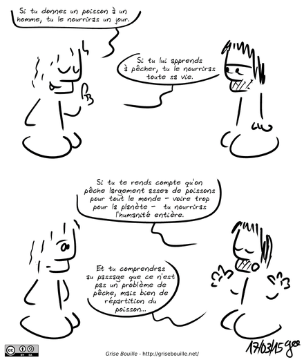 Un mec lambda dit, avec un air plein de sagesse : « Si tu donnes un poisson à un homme, tu le nourriras un jour.  Si tu lui apprends à pêcher, tu le nourriras toute sa vie. » Gee, à côté, n'a pas l'air convaincu. Gee lui répond : « Si tu te rends compte qu'on pêche largement assez de poissons pour tout le monde – voire trop pour la planète – tu nourriras l'humanité entière.  Et tu comprendras au passage que ce n'est pas un problème de pêche, mais bien de répartition du poisson… » Note : BD sous licence CC BY SA (grisebouille.net), dessinée le 17 mars 2015 par Gee.