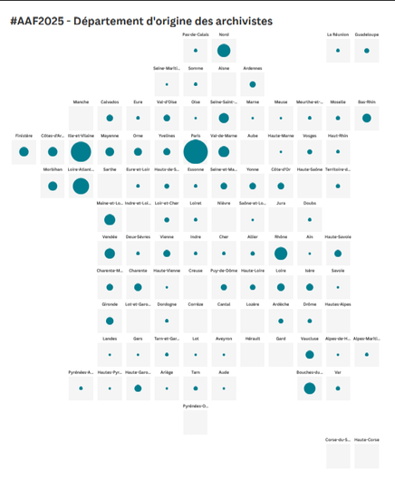Représentation sous forme de carte des départements d'origine des inscrit.e.s au forum des archives 2025