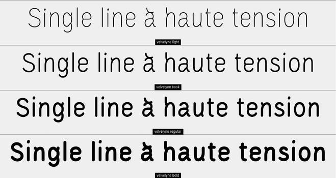 La phrase "single line à haute tension" plusieurs fois sur un fond blanc composée avec Velvelyne, une fonte linéale