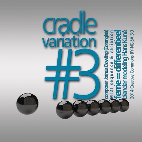 An abstract design featuring a series of black spherical shapes arranged in a line, with the text "cradle variation #3" displayed prominently in blue. Additional information about the composer and modeling credits is included in smaller text. The background is a gradient from Hans Kuné

Cradle Variation #3  Joshua Dowling
illustratie Hans Kuné
is een variatie op de compositie Cradle Variations van Coranglais in een minimal music stijl – de compositie werd door mij bewerkt met toestemming van Joshua – over de muzikale achtergronden is helaas niet veel te vertellen dus het oordeel komt direct van je oren
nog steeds te beluisteren op https://ferrie.audio/b/tw