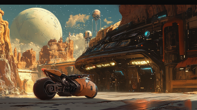 Virée au Poste Frontière
Scène immersive d’un avant-poste spatial niché dans un canyon désertique, éclairé par des lumières industrielles et dominé par une immense planète en arrière-plan. Une moto futuriste au design robuste repose sur le sol poussiéreux, prête à parcourir ce monde à la croisée du western et de la science-fiction.
Immersive scene of a space outpost nestled in a desert canyon, illuminated by industrial lights and dominated by a massive planet in the background. A futuristic, rugged motorcycle rests on the dusty ground, ready to traverse this world at the crossroads of western and sci-fi.