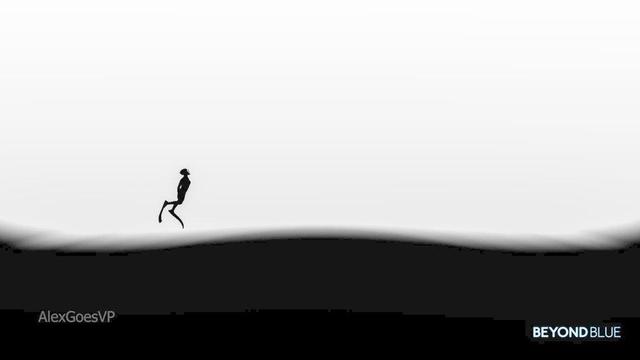 A diver swimming upward away from the thick dark below, in front of a blinding white background.