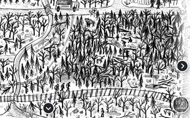 Screenshot der Seite. Eine Schwarz-Weiß-Zeichnung des Grenzgebiets mit Wald, Menschen, Lastern, Wegen und Stacheldraht