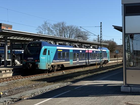 A light blue, two carriage train – a Flirt – is waiting at a platform with its pantograph up. The neighbouring platform tracks aren’t electrified.