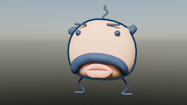 Oyajitchi, from Tamagotchi, versioned as a 3D character. He has a rounded clear-salmon-coloured body. It has a big moustache and big lips, also a small pair of eyes. It has some hair on the sides and also a single big hair in his bald head. His legs are similar to his hair in size and length.