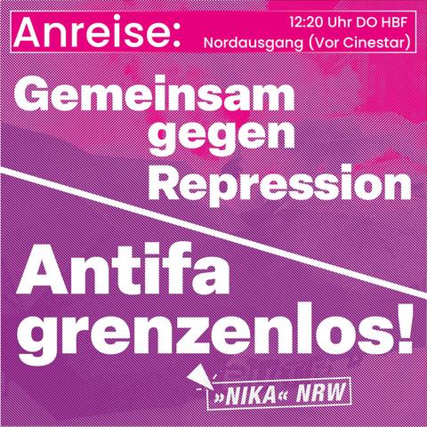 Sharepic zur Demonstration "Antifa Grenzenlos - Gemeinsam gegen Repression" mit dem entsprechenden Text, darüber ein Hinweis: "Anreise: 12:20 DO HBF Nordausgang (vor Cinestar)