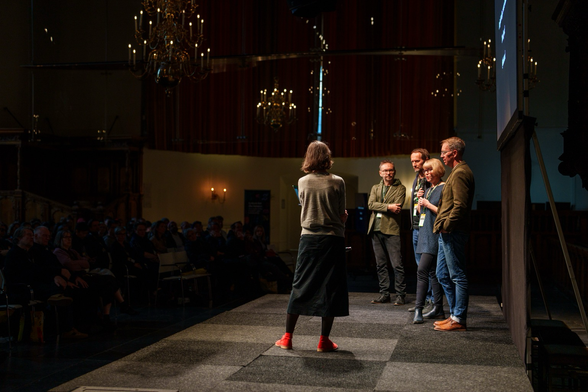 Photo from the Fontstand conference 2025, from left to right: Indra Kupferschmid, Andrej Krátky, Peter Biľak, Christine Bateup, and Christopher Slye.