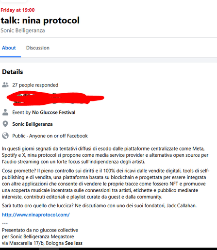 TESTO dell'immagine, relativa all'evento facebook

In questi giorni segnati da tentativi diffusi di esodo dalle piattaforme centralizzate come Meta, Spotify e X, nina protocol si propone come media service provider e alternativa open source per l'audio streaming con un forte focus sull'indipendenza degli artisti.
Cosa promette? Il pieno controllo sui diritti e il 100% dei ricavi dalle vendite digitali, tools di self-publishing e di vendita, una piattaforma basata su blockchain e progettata per essere integrata con altre applicazioni che consente di vendere le proprie tracce come fossero NFT e promuove una scoperta musicale incentrata sulle connessioni tra artisti, etichette e pubblico mediante interviste, contributi editoriali e playlist curate da guest e dalla community.
Sarà tutto oro quello che luccica? Ne discutiamo con uno dei suoi fondatori, Jack Callahan.
http://www.ninaprotocol.com/