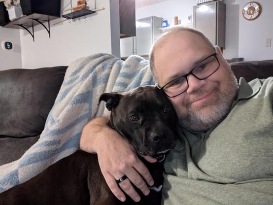 Selfie with Pepper (black lab / staffy mix) and I