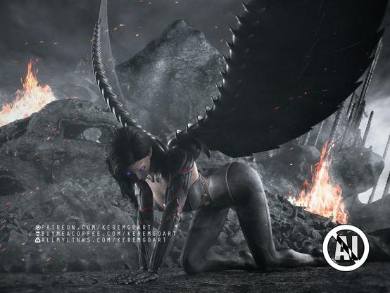 an pretty strong and fit female cyborg with large wings standing on the ground in her hands and knees surrounded with an environment depicting destruction