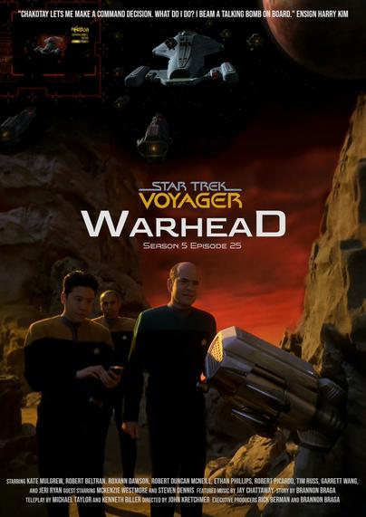 A fan poster for the Star Trek Voyager episode, Warhead, featuring an image of Harry Kim and the EMH locating a metallic object on a planet lodged in rock. Above it is an image of Voyager flying through space with several missile objects flying around it.