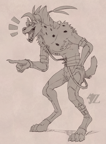 Todd, a gnoll played by Zinthings in the AntipoDnD podcast. He is tall and lanky with a surprisingly gentle demeanor, possibly because of an early encounter with the fey which granted him heightened intelligence. He has a long, slender snout, a wild mohawk with a ponytail sticking out of it, as well as lots of fluff on his upper body. He wears supple leather leggings and arm warmers, all of which held in place with various belts throughout. He leans forward, one hand resting on his hip and the other pointing forward as he cackles loudly at, presumably, a really funny joke.