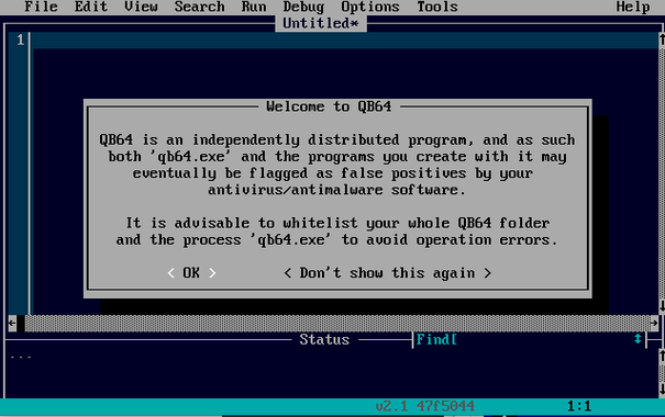 Welcome to QB64.

QB64 is an independently distributed program, and as such both "qb64.exe" and the programs you create with it may eventually be flagged as false positives by your antivirus/antimalware software.

It is advisable to whitelist your whole QB64 folder and the process "qb64.exe" to avoid operation errors.

OK. / Don't show this again.