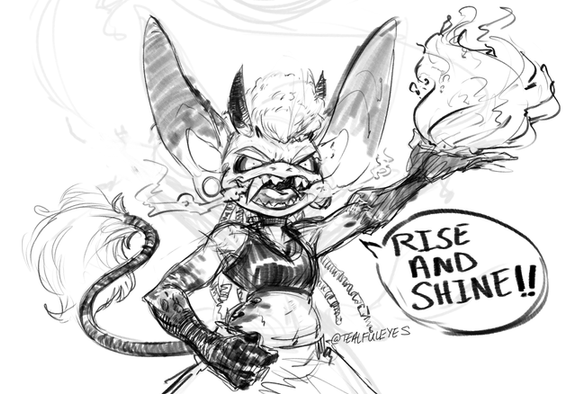 Sketch by Tealful Eyes of a young adult Coulite(Fire Imp) raising their left hand wielding a fireball as they yell out "RISE AND SHINE!!"