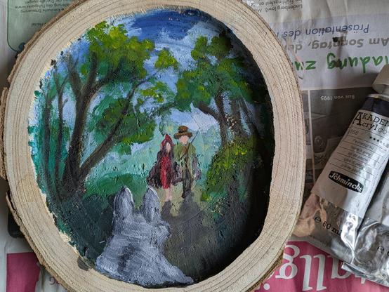 A painting of Red ridinghood and the Hunter Walking through the forest, while a Wolf awaits them. Acrylic Paint on a slice of raw wood.