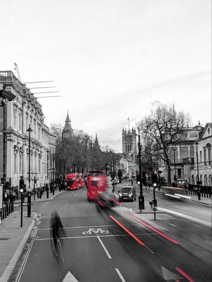 A slightly blurred, long-exposure black and white shot captures a busy London street, Whitehall, at dusk. Pale sky with light clouds overhead. Left: grand, light stone building with classical details and ornate lamp posts. Motion blur shows light streaks from passing buses and cars on the road. A blurred cyclist is in the white-marked cycle lane. Pedestrians walk on pavements. In the distance, the iconic Big Ben (Elizabeth Tower) and the Houses of Parliament are visible. Bare winter trees are silhouetted. The black and white shot features a Colour Pop filter that only leaves the colour red, so the London busses, brake lights, and traffic lights create an interesting contrast on the otherwise monochrome image.