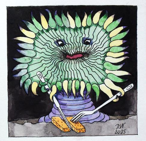 Eine grüngelbe Seeanemone mit einem mehrfach taillierten violetten Fuß hält mit ihren kurzen spitz zulaufenden Tentakeln geschickt ein Fischbesteck. Vor ihr liegen zwei goldgelbe Fischstäbchen, von dem sie eines gerade mit der Gabel aufgespießt hat.  Ihr in der Mitte der Tentakel-Rosette liegende geöffnete Mund ist dunkelrot. Mit ihren zwei menschlichen Augen verschlingt sie ihre Lieblingsspeise schon im Voraus.