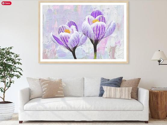 Two purple and white crocus flowers on soft pastel background in a furniture setting with a sofa and ficus.  Art by Sharon Cummings.  Limerick in post.