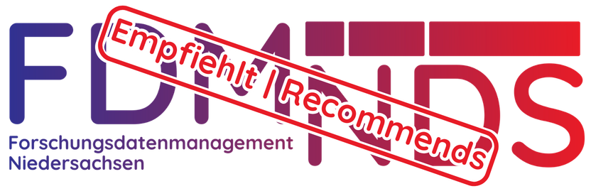 Logo der Landesinitiative Forschungsdatenmanagement Niedersachsen mit einem Stempel darüber auf dem steht "Empfiehlt | Resommends"