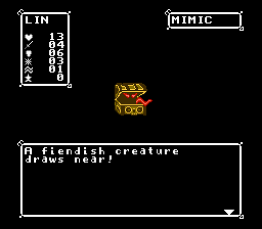 8-bit sprite of a treasure chest with red eyes and tentacles coming out of it.