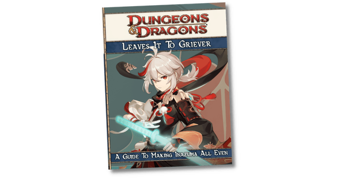 A 4th edition book cover with Kaedehara Kazuha on it. He looks all cool and his sword is glowy and juts out over the book fasure. The text is Leave It To Griever, and A Guide To Getting Inazuma's All Even