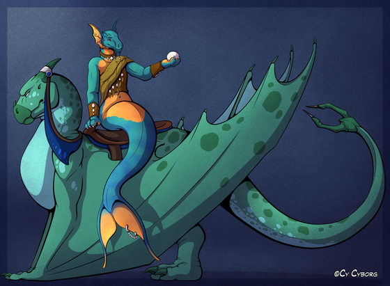 A digital, cell-shaded illustration of two characters. One, named chitters, is a light green-teal wyvern, standing on it's back legs and using it's wings as front legs. It's tail ends in two articulated stingers and on it's back is a saddle and attached to it's horns are a pair of reins. Chitters is looking back at it's rider, Mirage, annoyed. Mirage is a merfolk with the head and claws of a dragon. They have blue, slightly iridescent scales covering most of their body with a yellow underbelly and fins, both at the end of their tail and on either side of their head. they wear simple clothing made out of kelp, adorned with pearls. They are sitting side-saddle on chitters with one hand resting on the front of the saddle and the other holding a very large pearl which they are admiring.