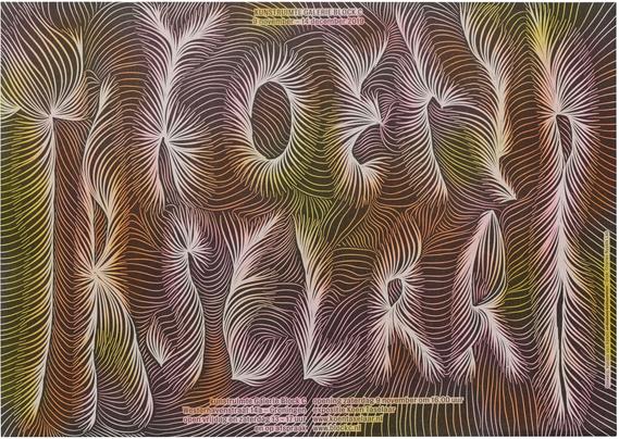 Red, yellow and black ink on white paper. The main title is made of swirling organic lines and reads, “Koen Taselaar”.