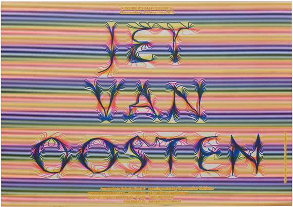 Horizontal stripes of fluorescent pink, yellow and blue ink on white paper. The main title is made of the stripes combining to form words, “JET VAN OOSTEN”.