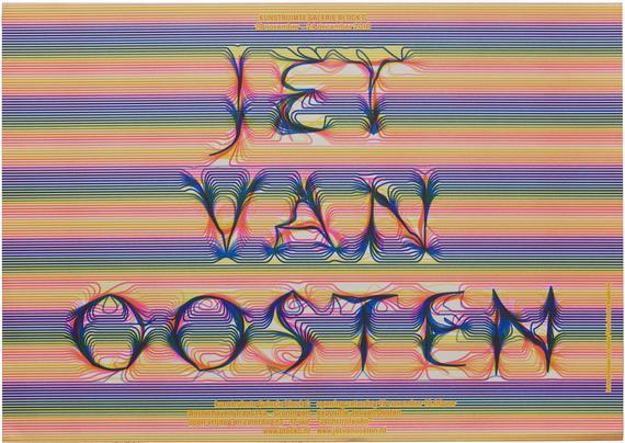 Horizontal stripes of fluorescent pink, yellow and blue ink on white paper. The main title is made of the stripes combining to form words, “JET VAN OOSTEN”.