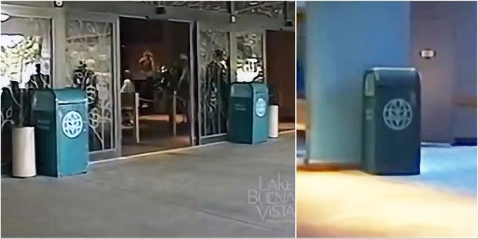 Video screen captures of the outside of a building. A green trash can with a world-shaped logo is attached.