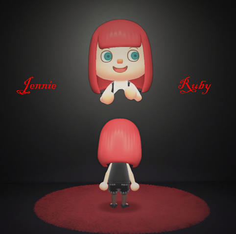Animal Crossing: New Horizons screenshot. Image is a recreation of Jennie's album Ruby. The background and floor are all black with the words Jennie and Ruby on opposite sides in red, script. Centralized is a light skinned human villager with bright red, long hair wearing a black shirt with a white collar looking down. Only the bust upward is visible. Below is the same character as seen from behind looking forward with their arms backwards and the rest of the outfit is visible including black fishnet stockings and black, shorts.