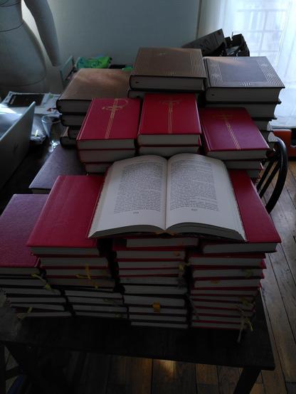 Photo d'une pile de livres à la couverture rouge. L'un d'entre eux est ouvert au sommet de la pile.