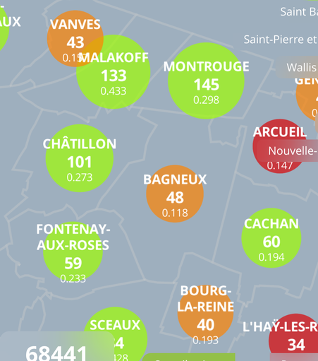Une capture d'écran de la carte des contribution au baromètre vélo 2025. Bagneux est à 48 contributions, plus que deux pour la qualification !