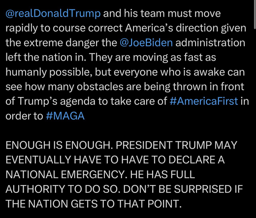 Text from a social media post criticizing the Biden administration and urging Donald Trump to act quickly to address national issues. It suggests he may need to declare a national emergency to pursue his agenda, emphasizing themes like "America First" and "MAGA."