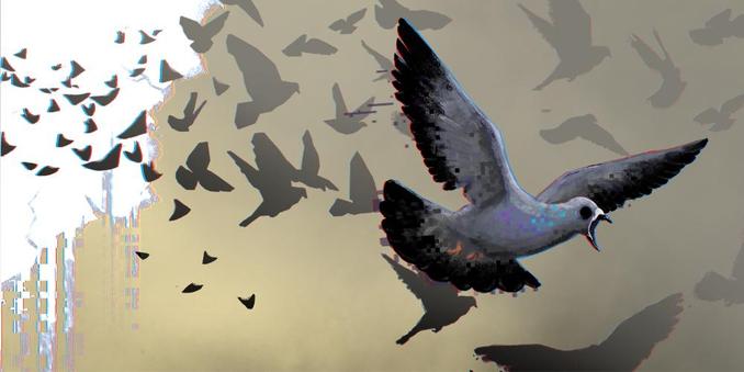 Digital painting of birds storming out of a glitchy, glowing white gap in a sick yellow sky. One pigeon is especially detailed, with a beak that opens too far, black holes for eyes, and pixels coming off of its feathers
